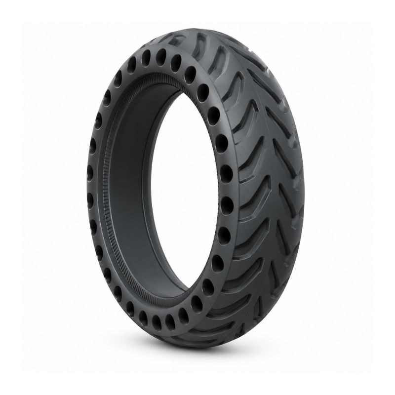 Black circular tire/wheel with perforated inner edge and chunky tread, shown at an oblique angle