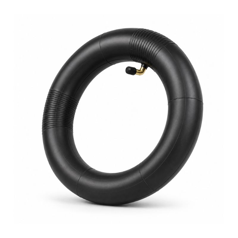 Black inflatable inner tube with a small air valve, formed into a circular ring visibility on white background