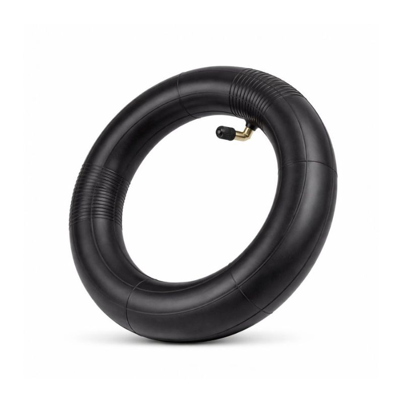 Black rubber circular inner tube with a small brass valve stem for inflation