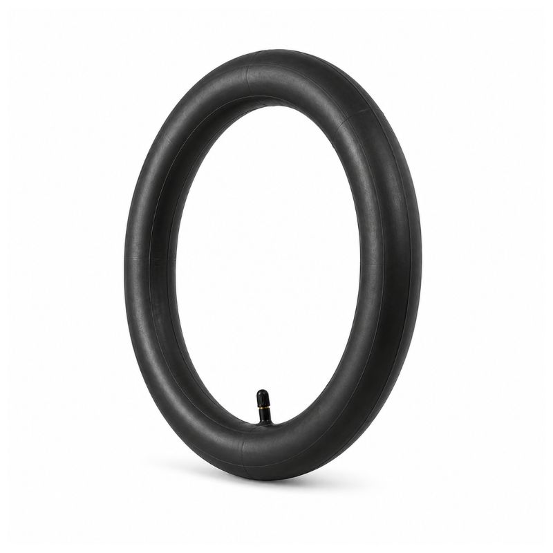 Black toroidal inflatable tire with a valve stem, standing upright on a white background.