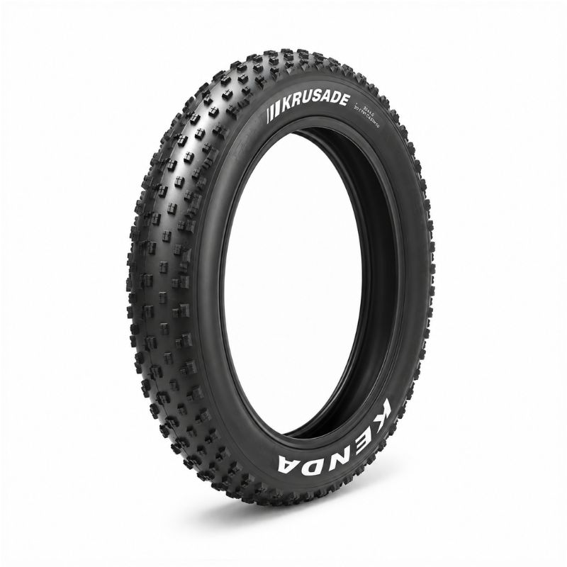 Knobby mountain bike tire upright with aggressive tread and white brand lettering on the sidewall, set against a white background.