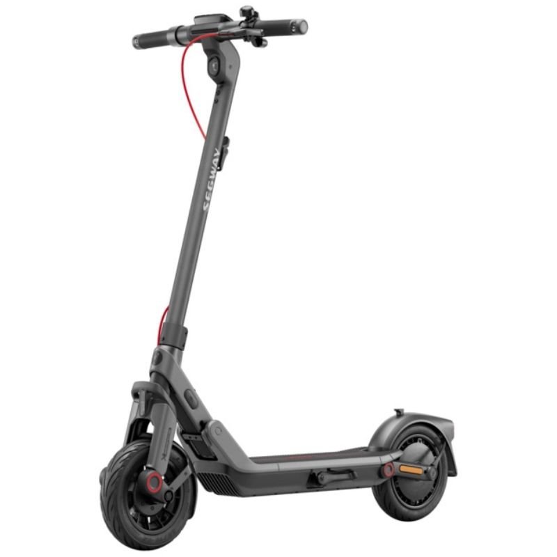 Grey Segway electric scooter shown in profile with handlebar, stem, deck, and two wheels (red brake cable visible).