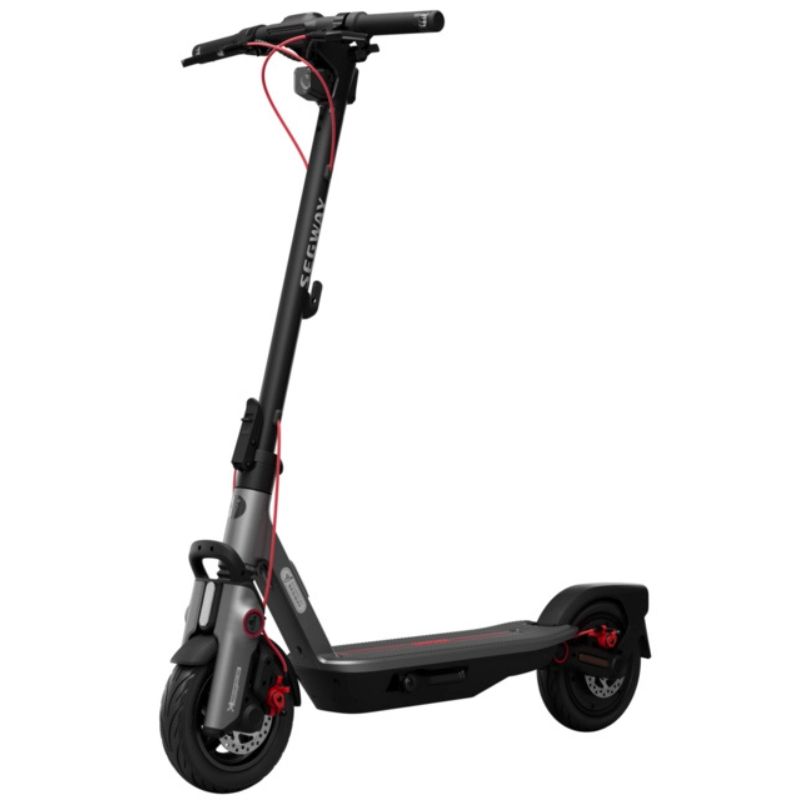Black Segway electric scooter shown in profile, with red cables, long handlebar stem, deck, and front and rear wheels visible
