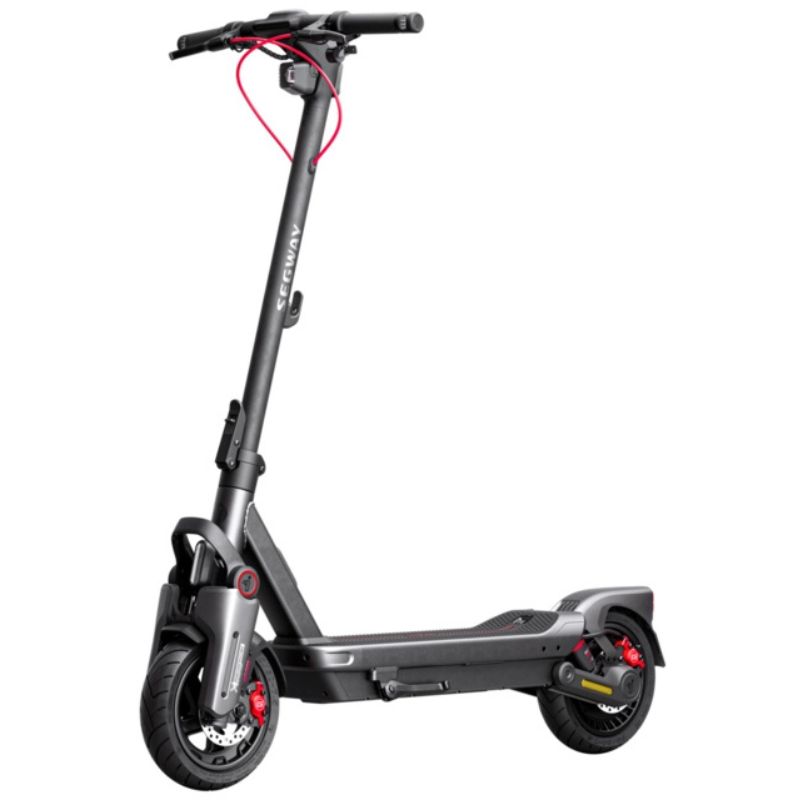 Grey electric scooter with foldable stem, wide deck, and red accents on brakes and cables, shown from side view.