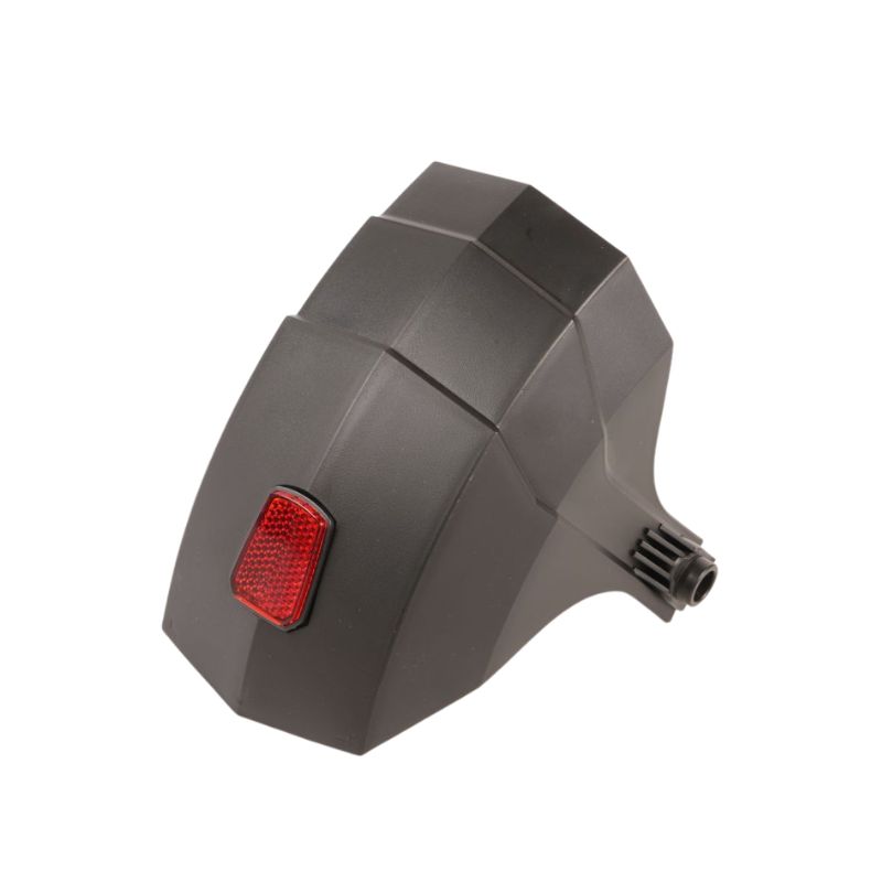 Black angular device with a small red rectangular reflector on the side, likely a bicycle rear light housing with mounting connector.