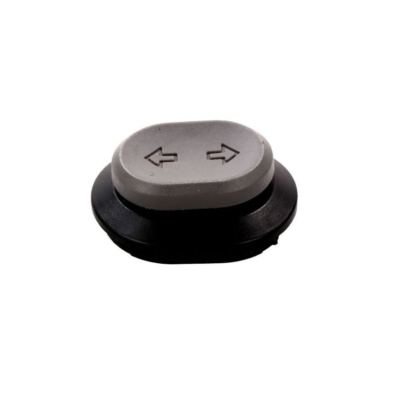 Gray oval directional control button with left and right arrows on a black circular base