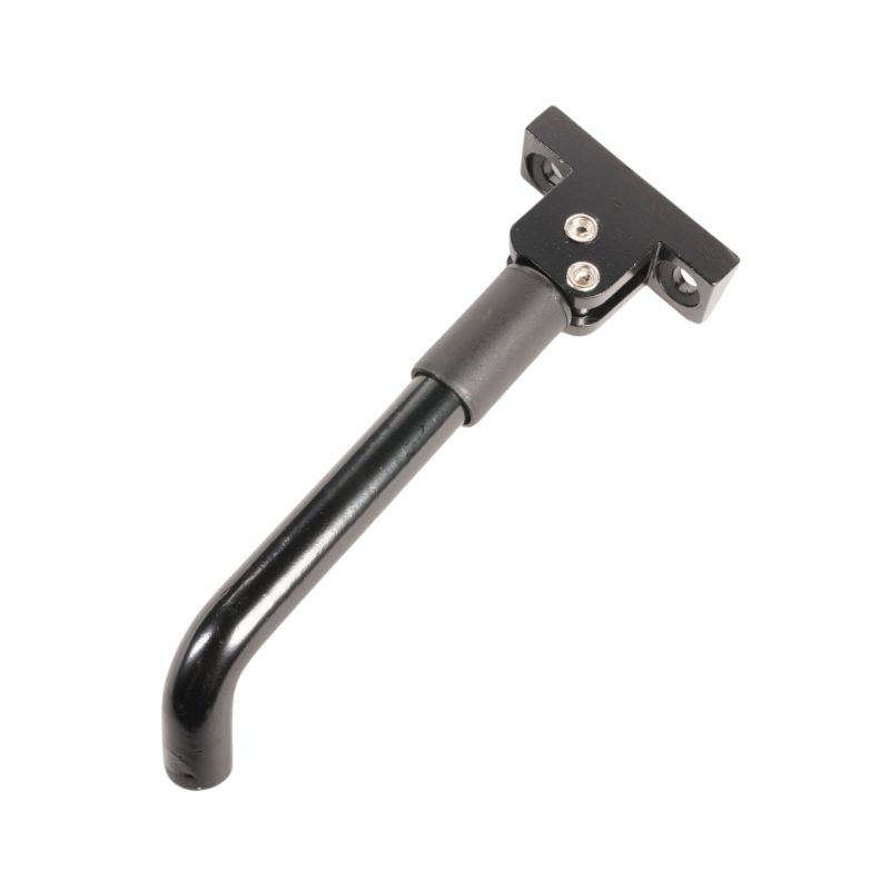 Black metal lever with a rectangular mounting plate featuring two screw holes attached to a curved rod.