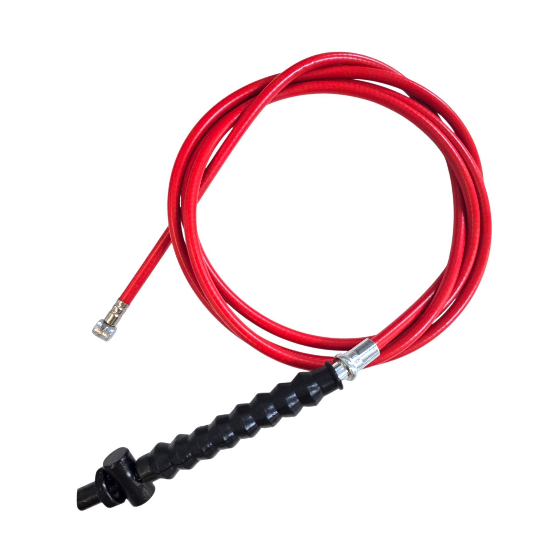 Close-up of red electrical cables with metal connectors on a white background, showing multipleLooped wires and tips.