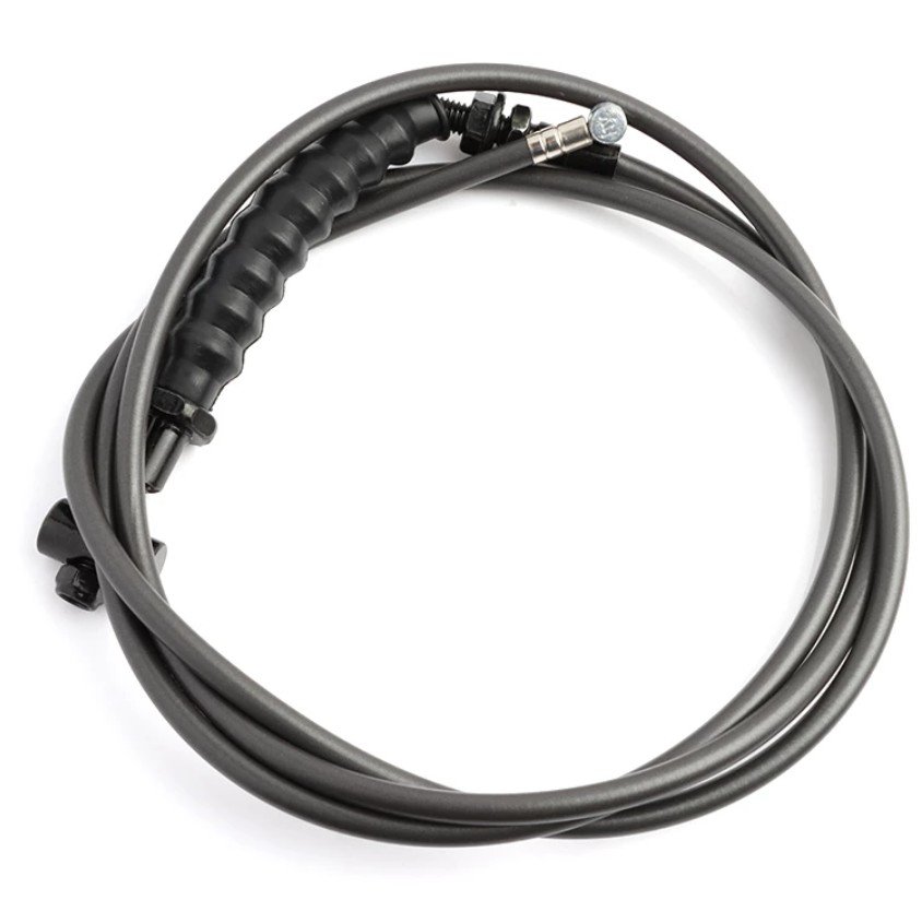 Coiled gray rubber hose with a textured grip and metal quick-connect fitting on one end