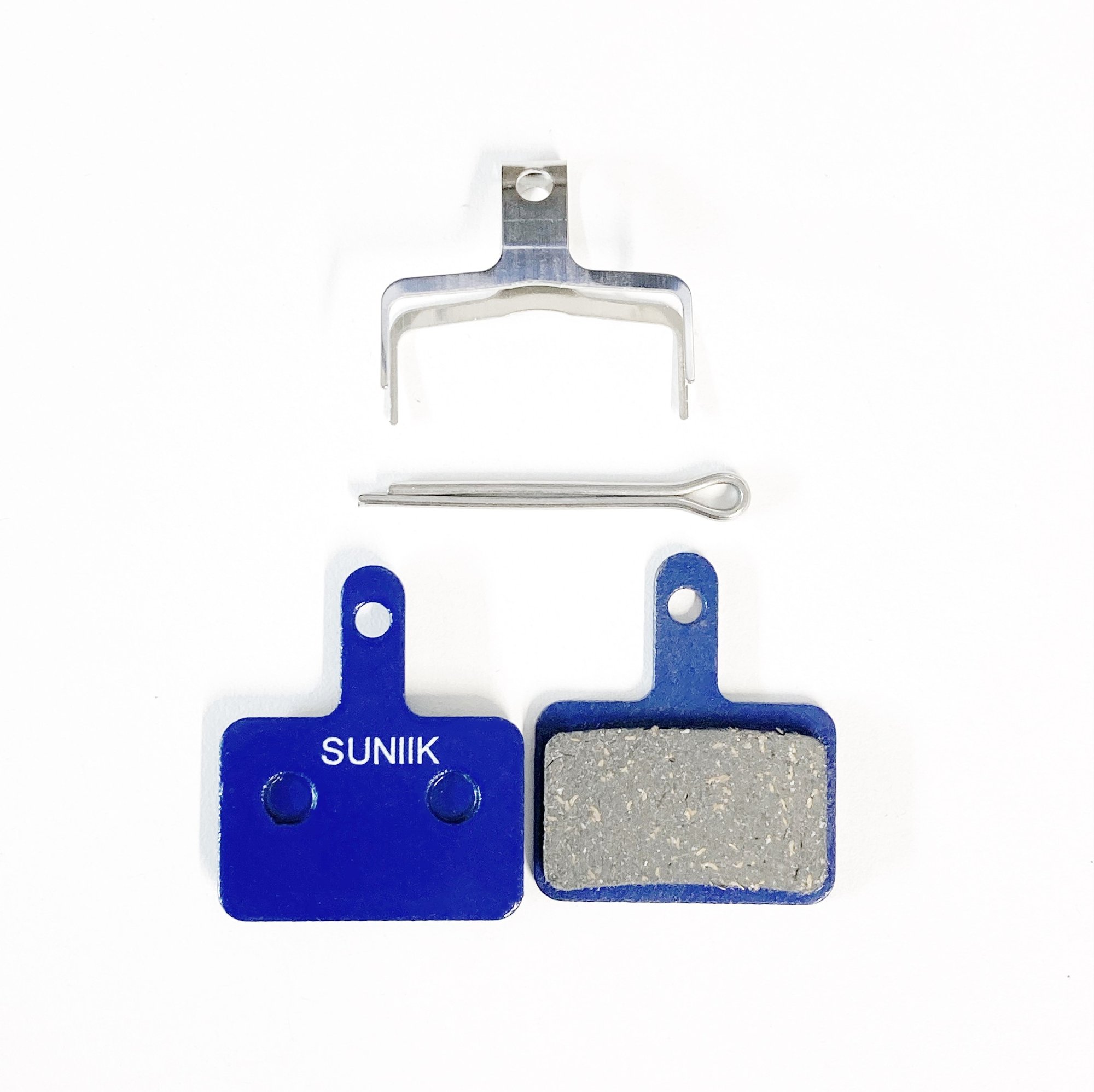 Blue abrasive sanding sheets with a metal mounting clip above them on a white background.