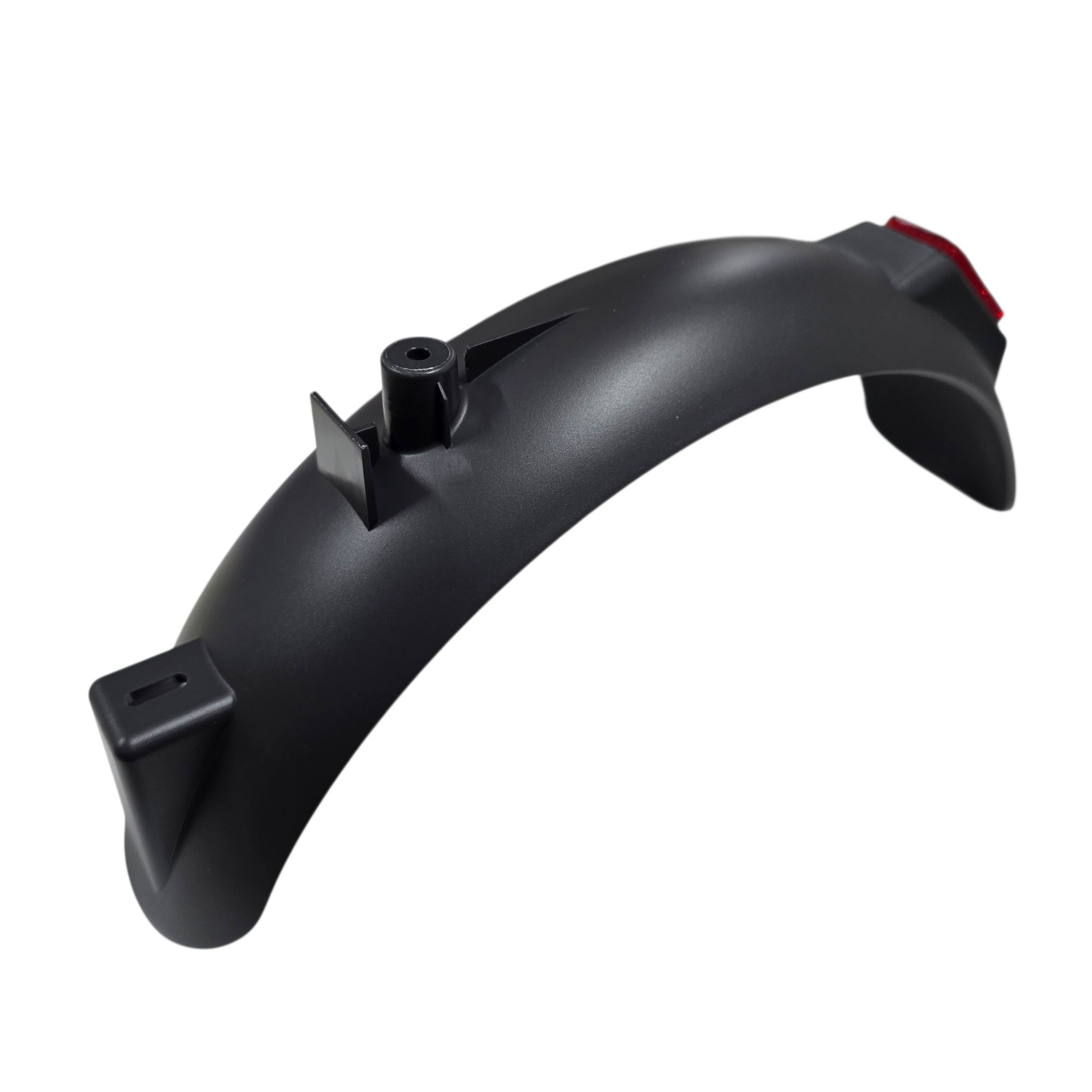 Close-up of a black curved plastic component with a small cylindrical peg and a hint of a red tail at the end, likely a mounting part of a device.