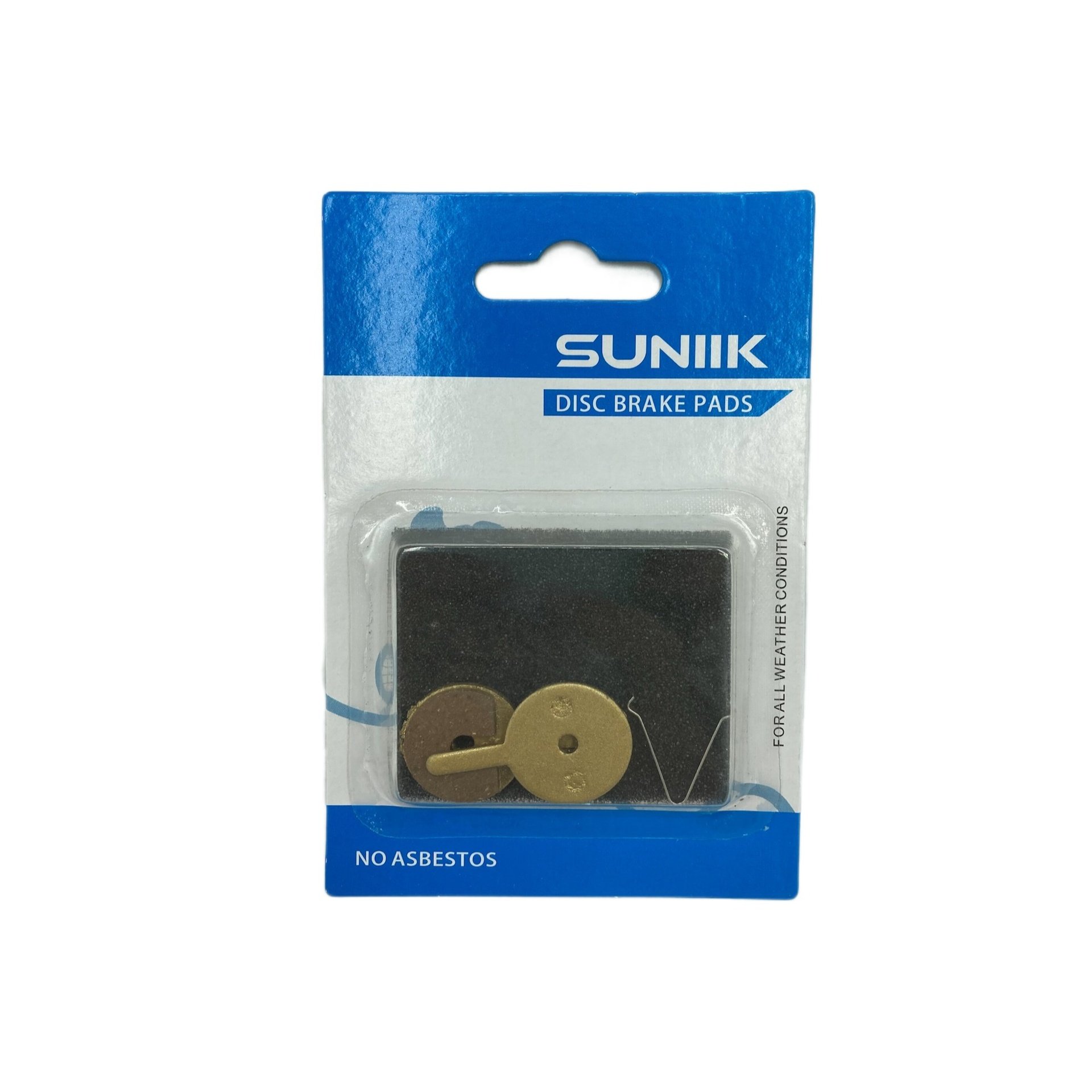1416-FR-PA-004-Pastilla-de-freno-FR004-Suniik- – Elshoppen.dk Blue Sunik disc brake pads packaging with a clear window showing brake pad components; reads 'NO ASBESTOS' at bottom.