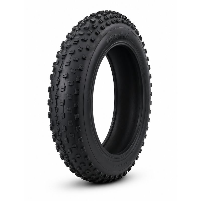 Black knobby off-road tire standing upright against a white background, showing chunky tread and the size marking 16x4.0 on the sidewall.