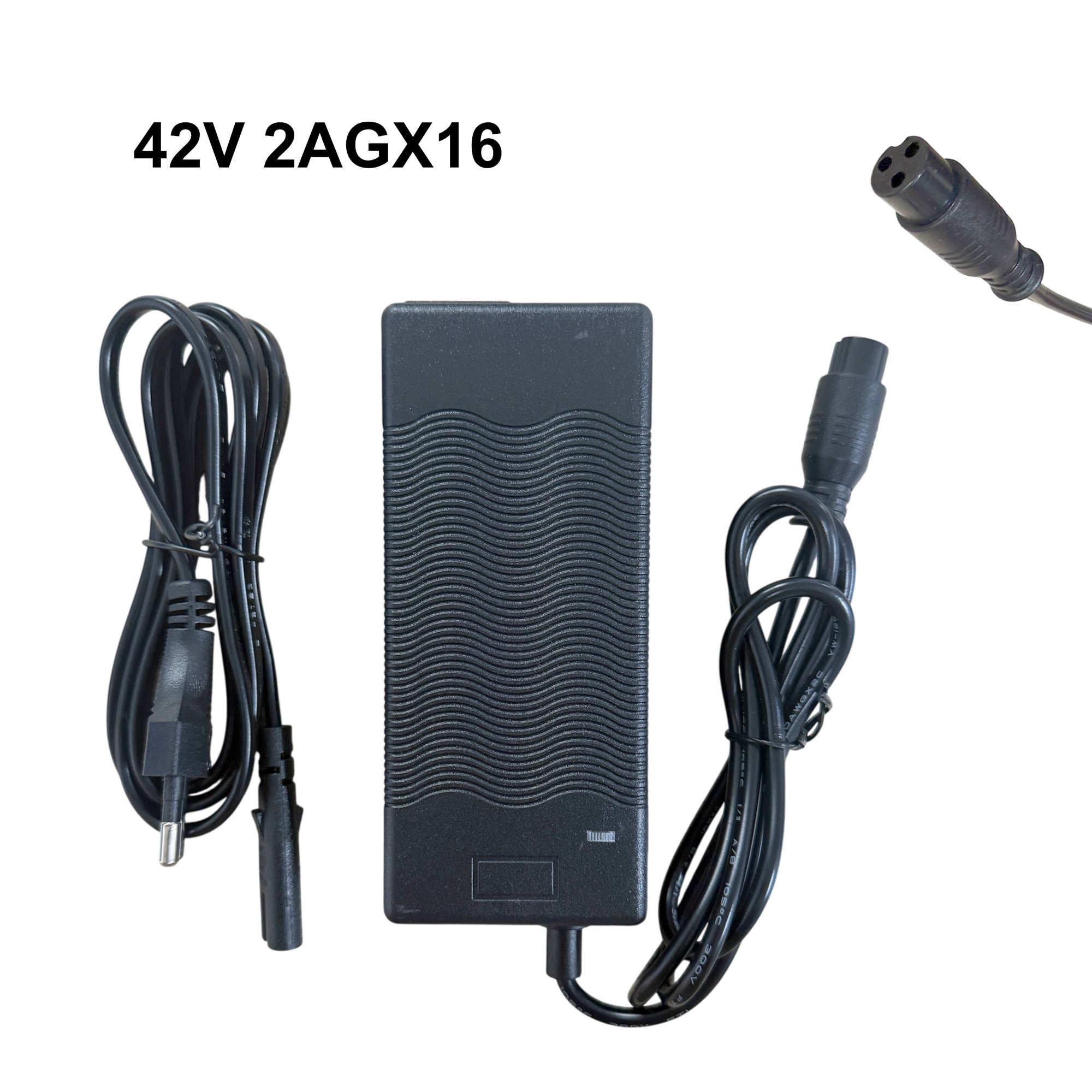 BCT-B-006B-01 – Elshoppen.dk Black rectangular power adapter with two attached cords and a barrel-style connector; text reads '42V 2A' on the image.