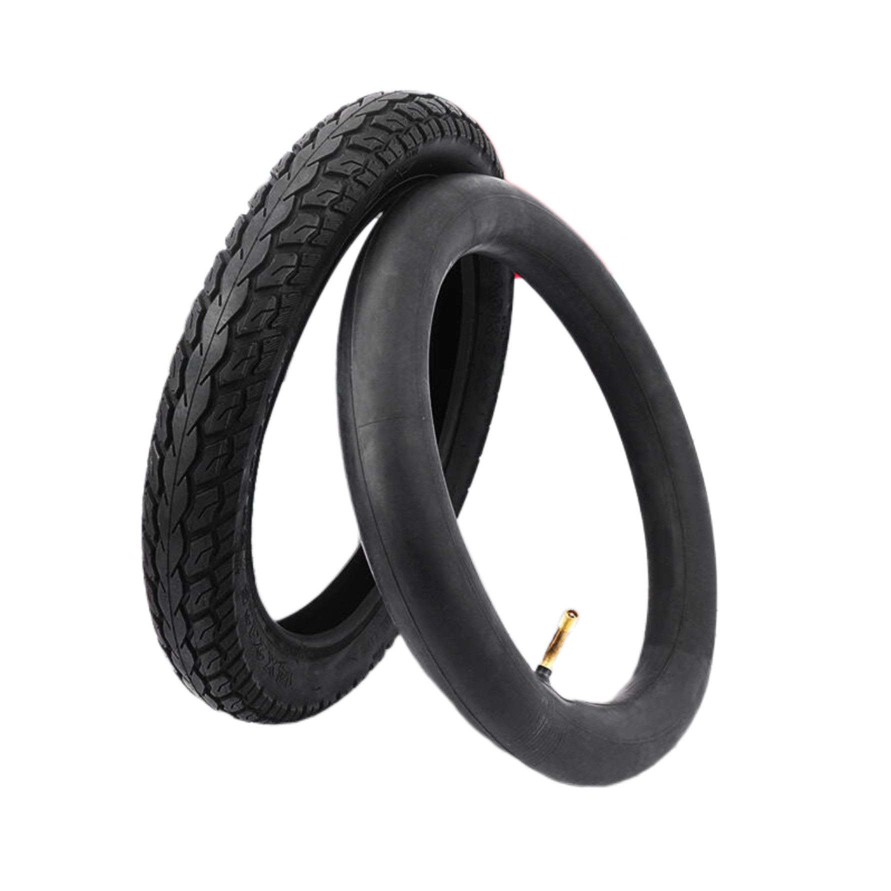 A bicycle tire and an inner tube with a gold valve stem held together, showing the components side by side