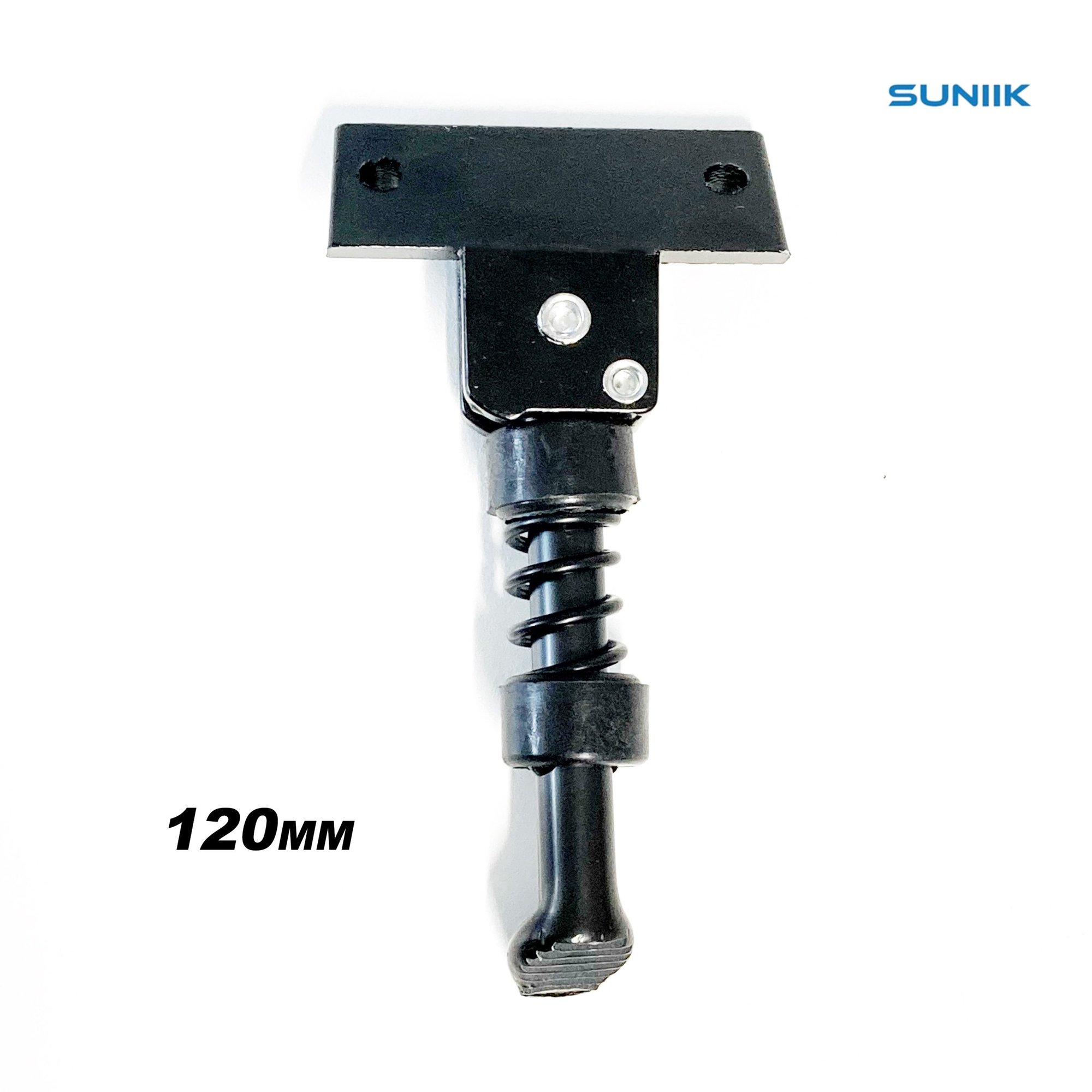 caballete-120mm-mayor-scaled-1 – Elshoppen.dk Close-up of a black clamp head on a threaded rod, with two screws and a coiled section, SUNIK logo at top right. 120MM text visible nearby.