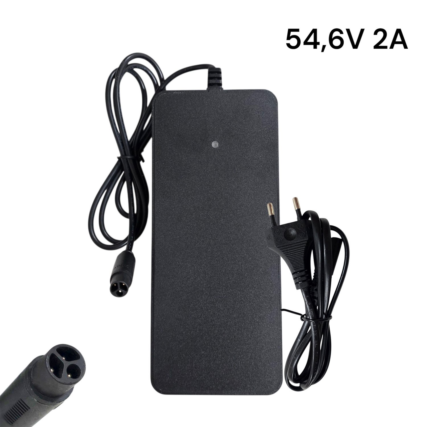 emove-新品带尺寸- – Elshoppen.dk Black rectangular power adapter with coiled cables and a 54,6V 2A label