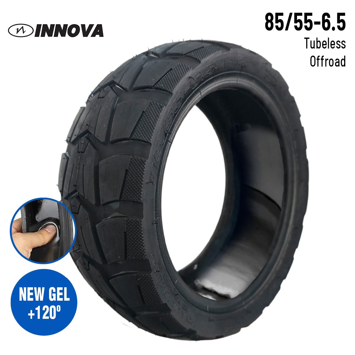 Tubeless off-road tire 85/55-6.5 with chunky tread; inset shows gel application for puncture protection, new gel +120°